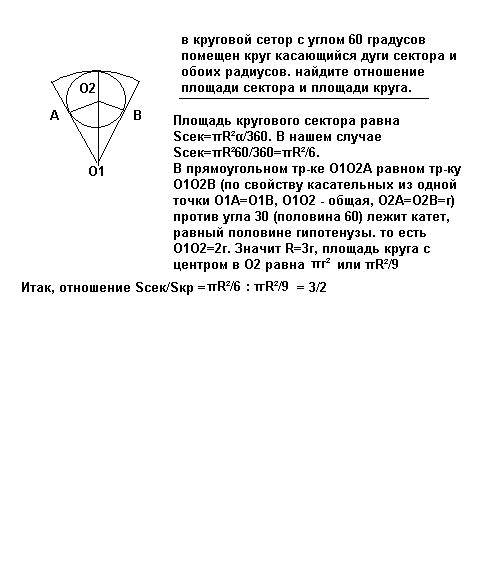 Вкруговой сетор с углом 60 градусов помещен круг касающийся дуги сектора и обоих радиусов. найдите о