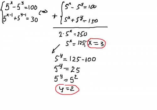 Решить систему уравнений,. 5(в степени х)-5(в степени у)=100 и 5(в степени х-1)+5(в степени у-1)=30