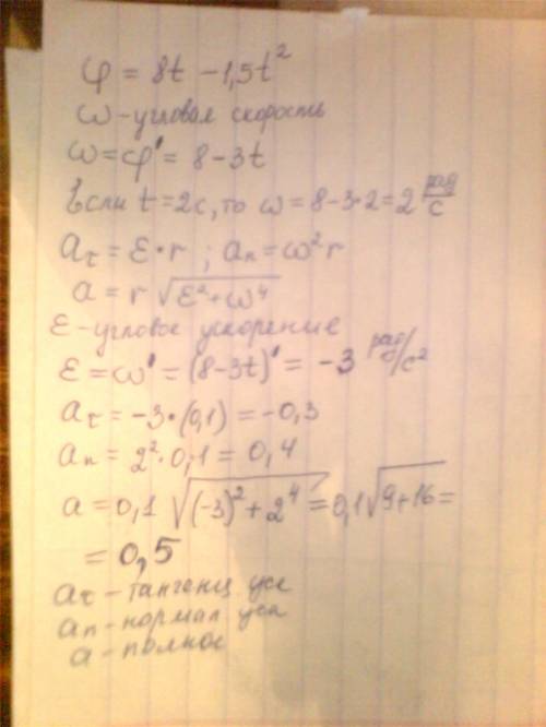 Диск радиусом 0,1 м вращается замедленно по закону φ=8t-1.5t^2. определите тангенциальное, нормально