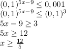 \\ (0,1)^{5x-9}\leq0,001\\ (0,1)^{5x-9}\leq(0,1)^{3}\\ 5x-9\geq3\\ 5x\geq12\\ x\geq\frac{12}{5}