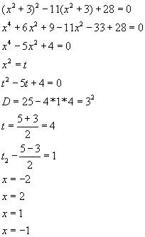 Решить уравнение: 9класс (x^2 + 3)^2 - 11*(x^2 + 3) + 28=0