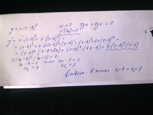 На графике функции y=x(x-4)^3 найти точки в которых касательная паралельна оси абсцисс