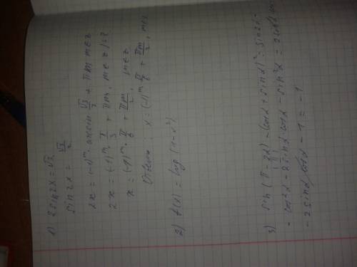 Решите . 1)2sin2x=корень из 3 2)f(x)=log(1-x^2) 3)sin(pi-+sina)^2