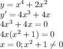 y=x^{4}+2x^{2}\\y'=4x^{3}+4x\\4x^{3}+4x=0\\4x(x^{2}+1)=0\\x=0;x^{2}+1\neq0