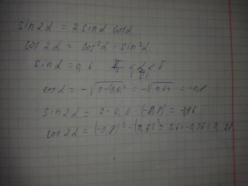 Вычислите sin 2a и cos 2a, если sin a = 0,6 и п/2