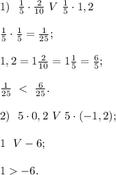 1) \ \ \frac{1}{5} \cdot \frac{2}{10} \ V \ \frac{1}{5} \cdot 1,2\\\\ \frac{1}{5}\cdot \frac{1}{5}=\frac{1}{25};\\\\ 1,2=1\frac{2}{10}=1\frac{1}{5}=\frac{6}{5};\\\\ \frac{1}{25} \ < \ \frac{6}{25}.\\\\ 2) \ \ 5\cdot 0,2 \ V \ 5 \cdot (-1,2);\\\\ 1 \ \ V -6;\\\\ 1-6.