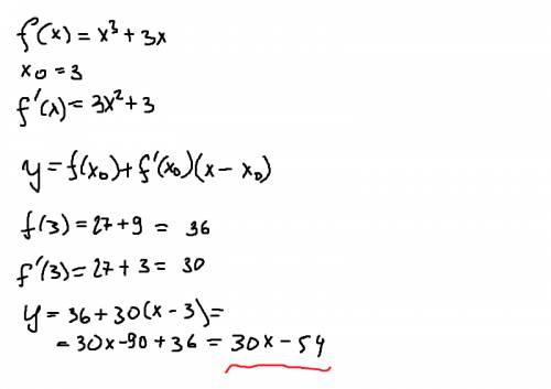 Напишите уравнение касательной к графику функции f(x) = х 3 + 3х в точке с абсциссой х 0 = 3.