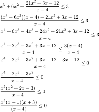 \displaystyle x^3+6x^2+ \frac{21x^2+3x-12}{x-4} \leq 3\\\\ \frac{(x^3+6x^2)(x-4)+21x^2+3x-12}{x-4} \leq 3\\\\ \frac{x^4+6x^3-4x^3-24x^2+21x^2+3x-12}{x-4} \leq 3\\\\ \frac{x^4+2x^3-3x^2+3x-12}{x-4} \leq \frac{3(x-4)}{x-4}\\\\ \frac{x^4+2x^3-3x^2+3x-12-3x+12}{x-4} \leq 0\\\\ \frac{x^4+2x^3-3x^2}{x-4} \leq 0\\\\ \frac{x^2(x^2+2x-3)}{x-4} \leq 0\\\\ \frac{x^2(x-1)(x+3)}{(x-4)} \leq 0