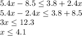 5.4x-8.5\le3.8+2.4x\\ 5.4x-2.4x\le3.8+8.5\\ 3x\le12.3\\ x\le4.1