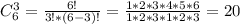 C_{6}^{3} = \frac{6!}{3! * (6-3)!} = \frac{1*2*3*4*5*6}{1*2*3*1*2*3} = 20