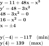 \bf y=11+48x-x ^3\\y'=48-3x^2\\48-3x^2=0\\16-x^2=0\\x=\pm4\\\\y(-4)=-117\quad(min)\\y(4)=139\quad(max)