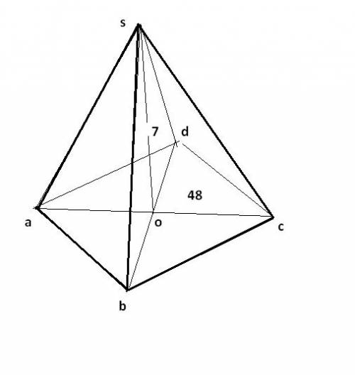 Вправильной четырехугольной пирамиде sabcd точка о – центр основания, s – вершина, so = 7, ас = 48.