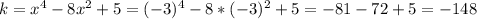 k=x^4-8x^2+5=(-3)^4-8*(-3)^2+5=-81-72+5=-148