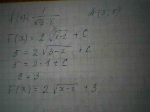 Найдите первообразную функции f(x)=1 / корень из (x-2) график которой проходит через точку а(3; 5 )