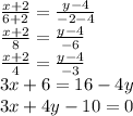 \frac{x+2}{6+2}=\frac{y-4}{-2-4} \\\ \frac{x+2}{8}=\frac{y-4}{-6} \\\ \frac{x+2}{4}=\frac{y-4}{-3} \\\ 3x+6=16-4y \\\ 3x+4y-10=0