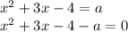 x^2+3x-4=a \\ x^2+3x-4-a=0 \\