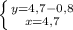 \left \{ {{y=4,7-0,8} \atop {x=4,7}} \right.