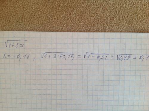 Найдите значение выражения корень1+3х при х= -0,17.