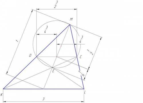 Медианы kc и ld треуголника klm пересекаются в точке e. найдите длину отрезка em, если kl=3 и извест