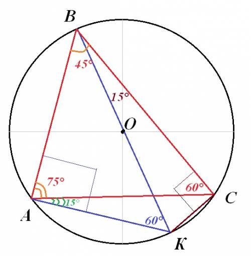 Треугольник авс вписан в окружность.известно,что величина угла а равна 75 градусов, угла в равна 45