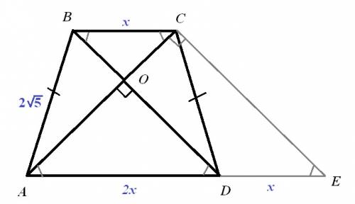 Вравнобедренной трапеции одно основание в два раза больше другого,а диагонали взаимно перпендикулярн