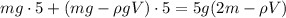 mg \cdot 5 + (mg -\rho g V )\cdot 5 = 5g(2m-\rho V)