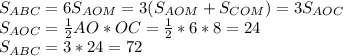 S_{ABC}=6S_{AOM}=3(S_{AOM}+S_{COM})=3S_{AOC} \\\ S_{AOC}=\frac{1}{2}AO*OC=\frac{1}{2}*6*8=24 \\\ S_{ABC}=3*24=72