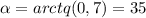 \alpha= arctq(0,7) = 35