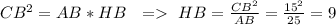 CB^2=AB*HB\ \ = \ HB=\frac{CB^2}{AB}=\frac{15^2}{25}=9