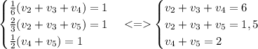 \begin{cases} \frac{1}{6}(v_2+v_3+v_4)=1 \\ \frac{2}{3}(v_2+v_3+v_5)=1 \\ \frac{1}{2}(v_4+v_5)=1 \end{cases} <= \begin{cases} v_2+v_3+v_4=6 \\ v_2+v_3+v_5=1,5 \\ v_4+v_5=2 \end{cases}