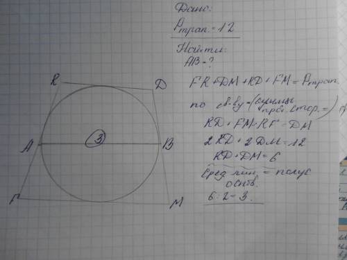 Около трапеции описана окружность. периметр трапеции равен 12, найти среднюю линию етой трапеции.