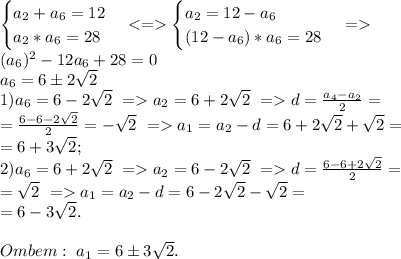 \begin{cases} a_2+a_6=12 \\ a_2*a_6=28 \end{cases} <= \begin{cases} a_2 =12-a_6 \\ (12-a_6)*a_6=28 \end{cases} =\\&#10;(a_6)^2-12a_6+28=0\\&#10;a_6=6б2\sqrt2\\&#10;1) a_6=6-2\sqrt2 \ =a_2=6+2\sqrt2\ = d=\frac{a_4-a_2}{2}=\\&#10;=\frac{6-6-2\sqrt2}{2}=-\sqrt2\ = a_1=a_2-d=6+2\sqrt2+\sqrt2=\\ &#10;=6+3\sqrt2; \\&#10;2) a_6=6+2\sqrt2 \ =a_2=6-2\sqrt2\ = d=\frac{6-6+2\sqrt2}{2}=\\=\sqrt2\ = a_1=a_2-d=6-2\sqrt2-\sqrt2=\\ &#10;=6-3\sqrt2.\\\\&#10;Ombem:\ a_1=6б3\sqrt2.