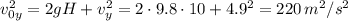 v_{0y}^2=2gH+v_y^2=2\cdot9.8\cdot10+4.9^2=220\,m^2/s^2