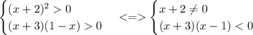 \begin{cases} (x+2)^2 0 \\ (x+3)(1-x)0 \end{cases} <=\begin{cases} x+2 \neq0 \\ (x+3)(x-1)<0 \end{cases}