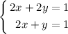 \left\{&#10;\begin{aligned}&#10;2x + 2y = 1\\&#10;2x + y = 1&#10;\end{aligned}&#10;\right