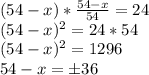 (54-x)*\frac{54-x}{54}=24\\ (54-x)^2=24*54\\ (54-x)^2=1296\\ 54-x=\pm 36