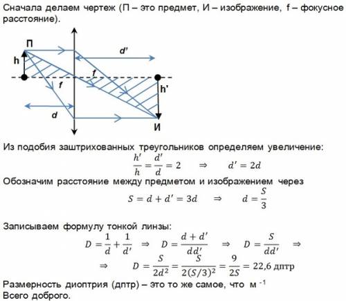 Линейный размер изображения в собирающей линзе в два раза больше размера предмета. расстояние между