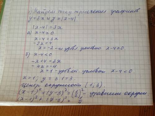 Уравнение окружности с центром в точке пересечения графиков функций y=3x и y=|x-4| радиусом r=1/2