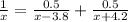 \frac{1}{x}= \frac{0.5}{x-3.8}+ \frac{0.5}{x+4.2}