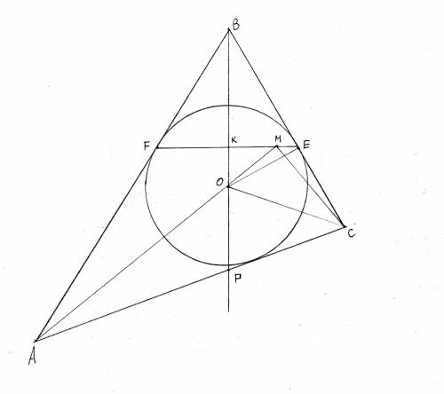 Втреугольнике abc вписанная окружность касается сторон bc и ba в точках e и f. м - точка пересечения