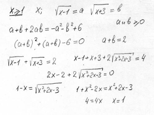 )решите уравнение корень из(x-1)+корень из (x+3)+ 2*корень из(x^2+2x-3)=4-2x