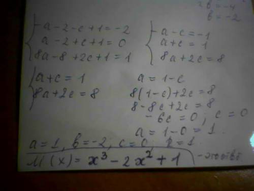 Найти многочлен m(x) третьей степени такой, что m(-1)=-2 , m(0)=1, m(1)=0 , m(2)=1