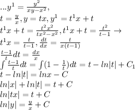 ... y^1=\frac{y^2}{xy-x^2},\\t=\frac{y}{x},y=tx, y^1=t^1x+t\\t^1x+t=\frac{t^2x^2}{tx^2-x^2}, t^1x+t=\frac{t^2}{t-1}} \to \\t^1x=\frac{t}{t-1},\frac{dt}{dx}=\frac{t}{x(t-1)}\\\frac{t-1}{t}dt=\frac{dx}{x}\\\int \frac{t-1}{t}dt=\int (1-\frac{1}{t})dt=t-ln|t|+C_1\\t-ln|t|=ln{x}-C\\ln|x|+ln|t|=t+C\\ln|tx|=t+C\\ln|y|=\frac{y}{x}+C