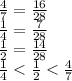 \frac{4}{7} = \frac{16}{28} &#10;\\\&#10; \frac{1}{4} = \frac{7}{28} &#10;\\\&#10; \frac{1}{2} = \frac{14}{28} &#10;\\\&#10; \frac{1}{4} < \frac{1}{2} < \frac{4}{7}