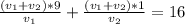 \frac{(v_1+v_2)*9}{v_1}+\frac{(v_1+v_2)*1}{v_2}=16