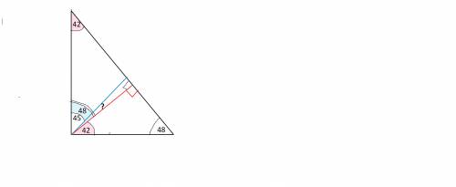 Один из острых углов прямоугольного треугольника равен 42 градуса. найди угол высотой и биссектрисой