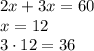 2x+3x=60\\x=12\\3\cdot 12=36