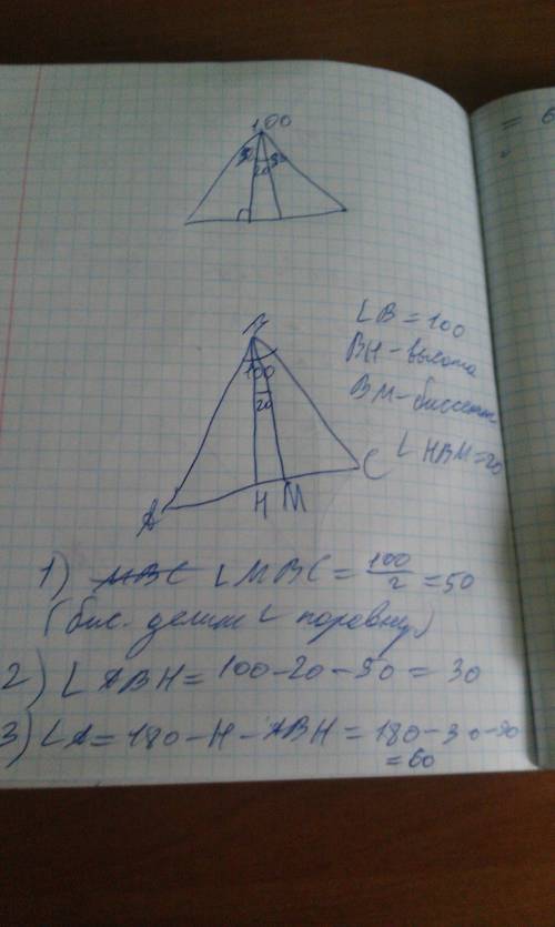 Один из углов треугольника равен 100 градусов. высота и биссектриса,проведённые из вершины этого угл