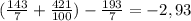 (\frac{143}{7} + \frac{421}{100}) - \frac{193}{7} = -2,93