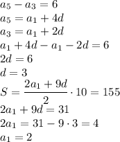 a_5-a_3=6\\a_5=a_1+4d\\a_3=a_1+2d\\a_1+4d-a_1-2d=6\\2d=6\\d=3\\S=\cfrac{2a_1+9d}{2}\cdot 10=155\\2a_1+9d=31\\2a_1=31-9\cdot 3=4\\a_1=2